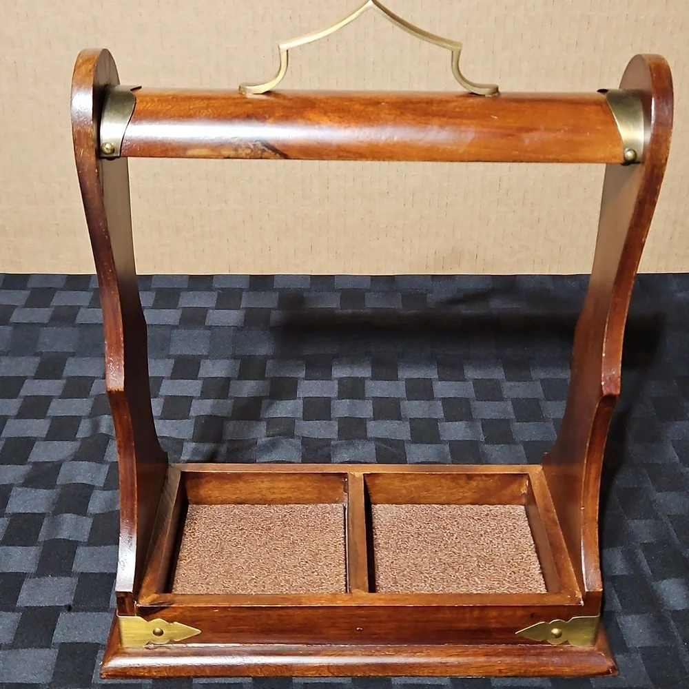 Quality Pottery Barn Wooden Dual Tantalus Decanter Holder Caddy w/Brass Accents